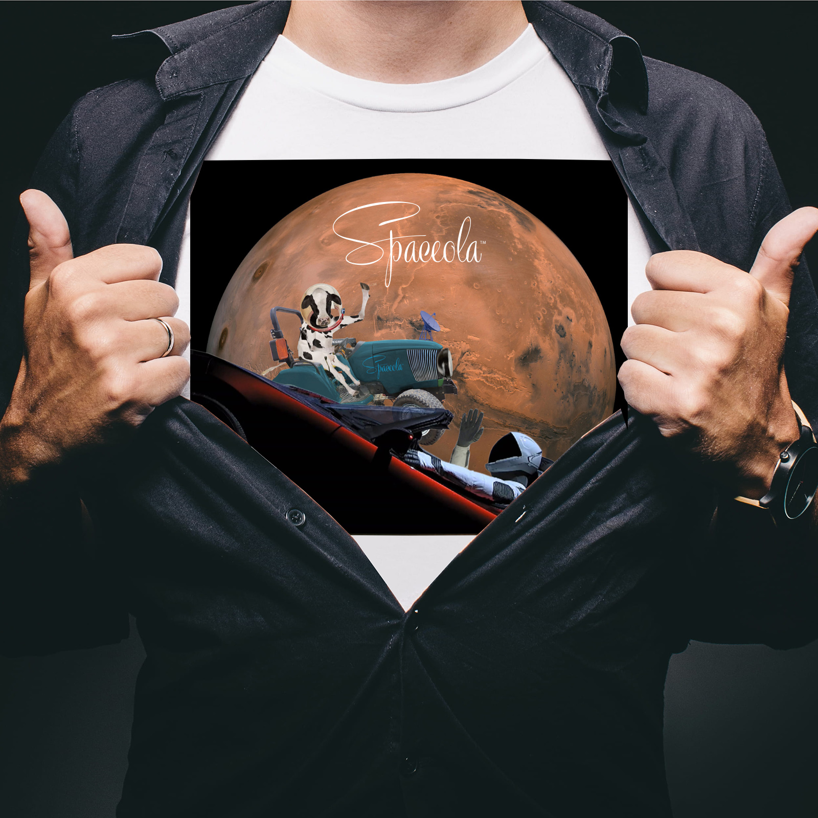 Wear this attractive, high quality photo print of Elsie waving at Starman as they orbit the planet.