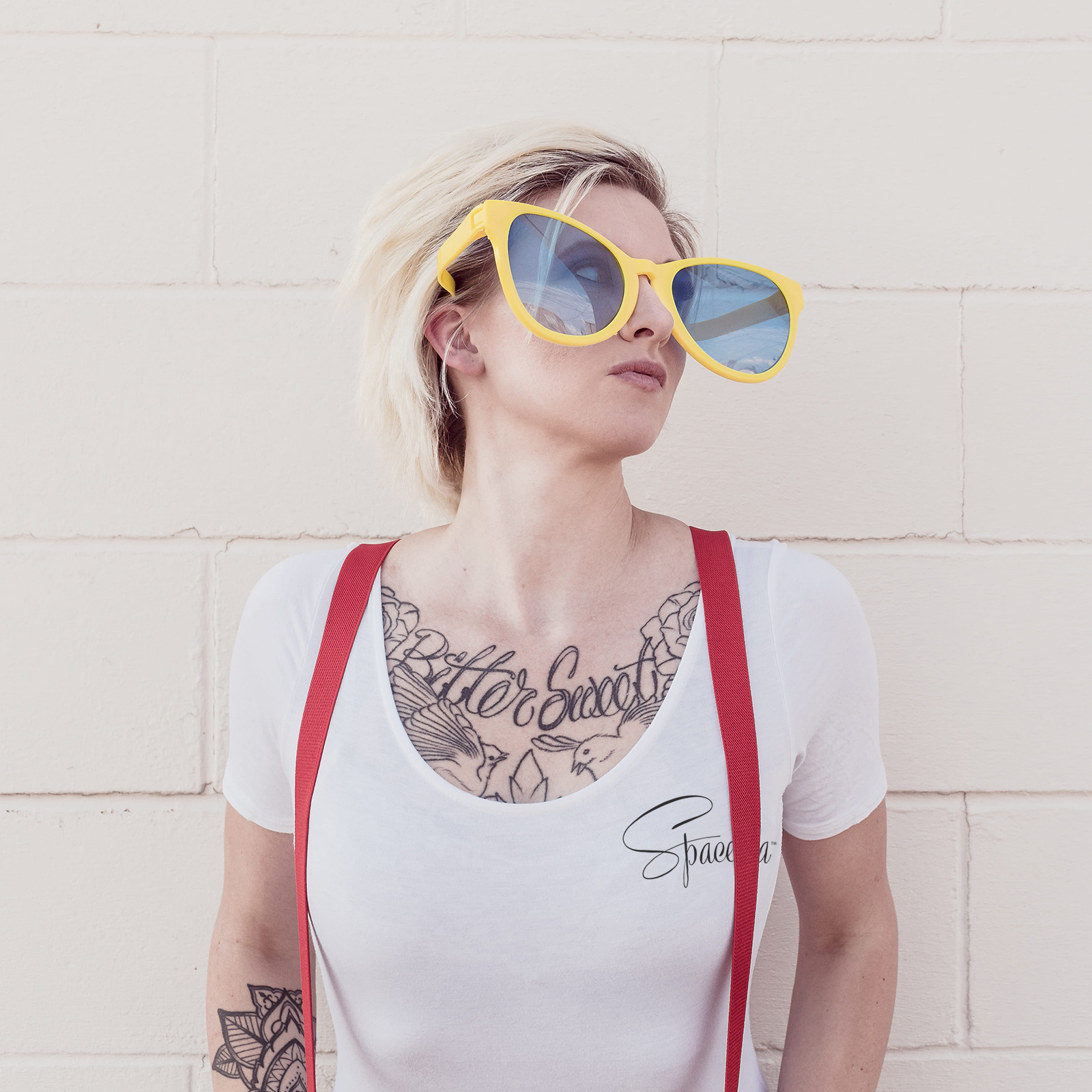 Attractive, high quality white women's T with Spaceola logo