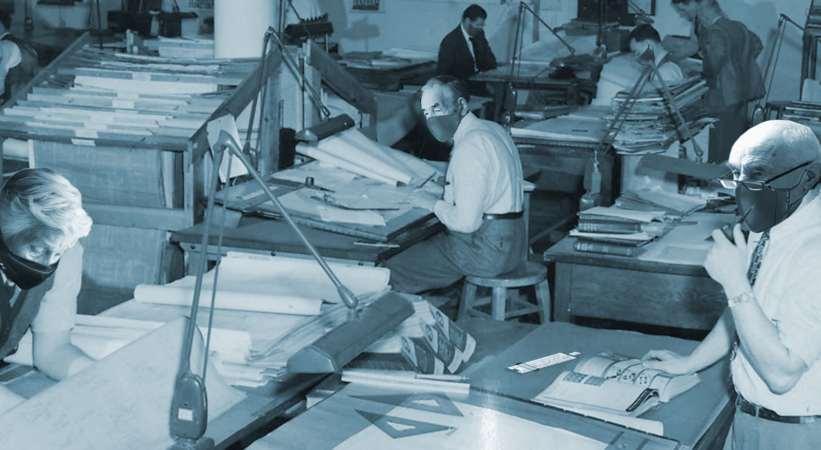 Volunteers working with slide rules and Vemco drafting machines at the Spaceola Merritt Island research and development center in Florida.