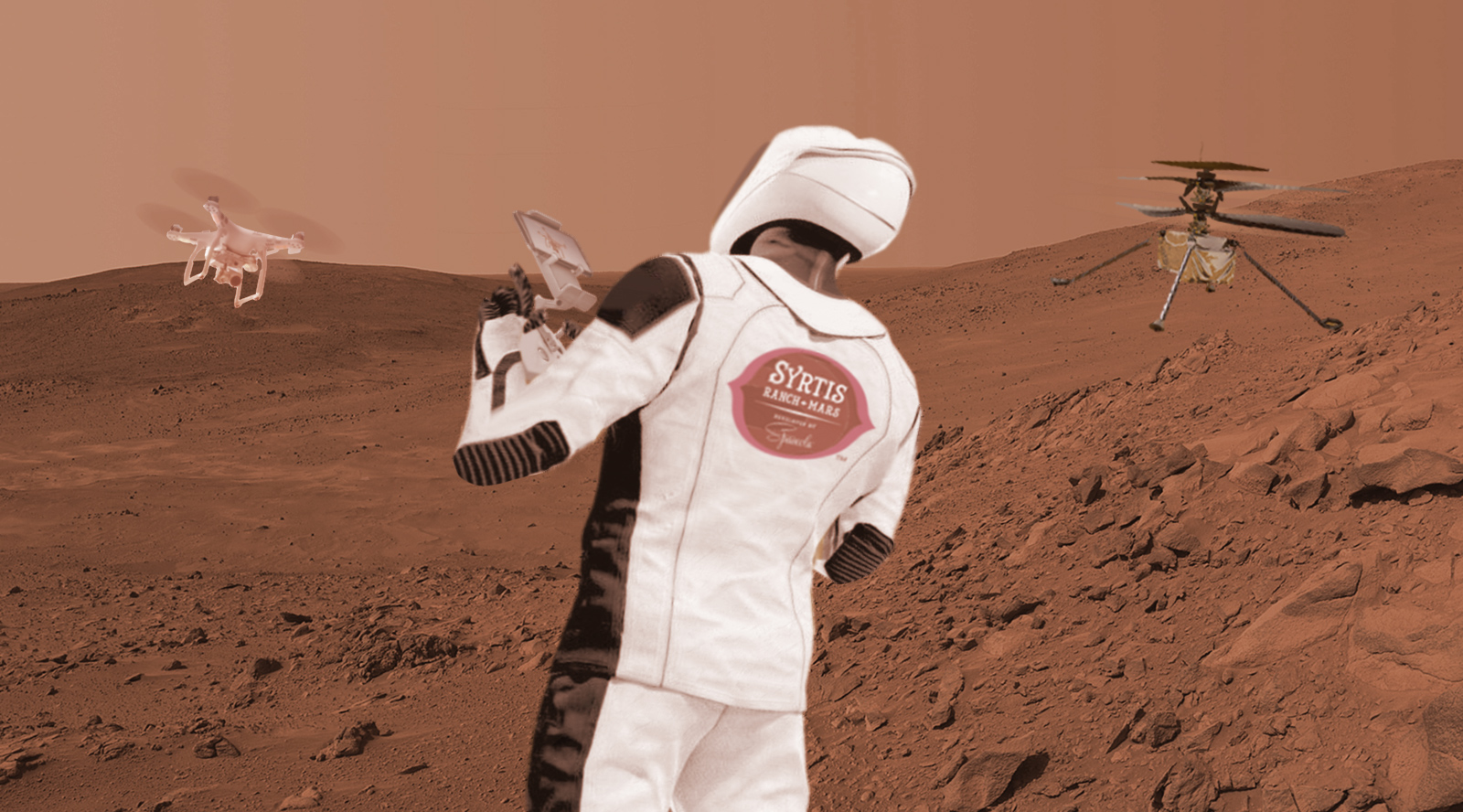 In an unlikely coincidence, a Syrtis Ranch tourist flys a rental drone as the Perseverance drone hovers nearby