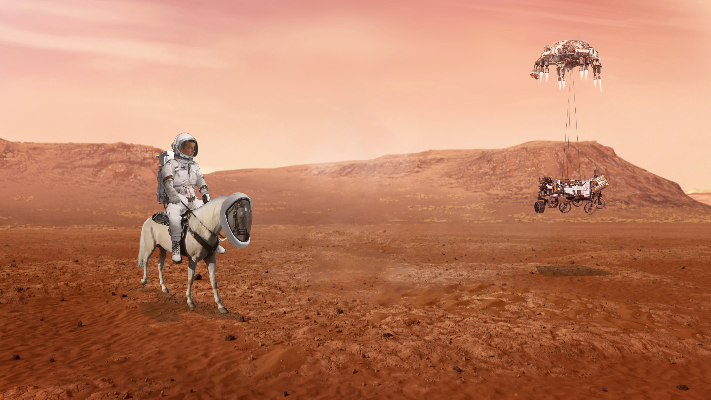 A Spaceola Syrtis Ranch cowpoke is onhand for the soft landing of the Perseverance lander.
