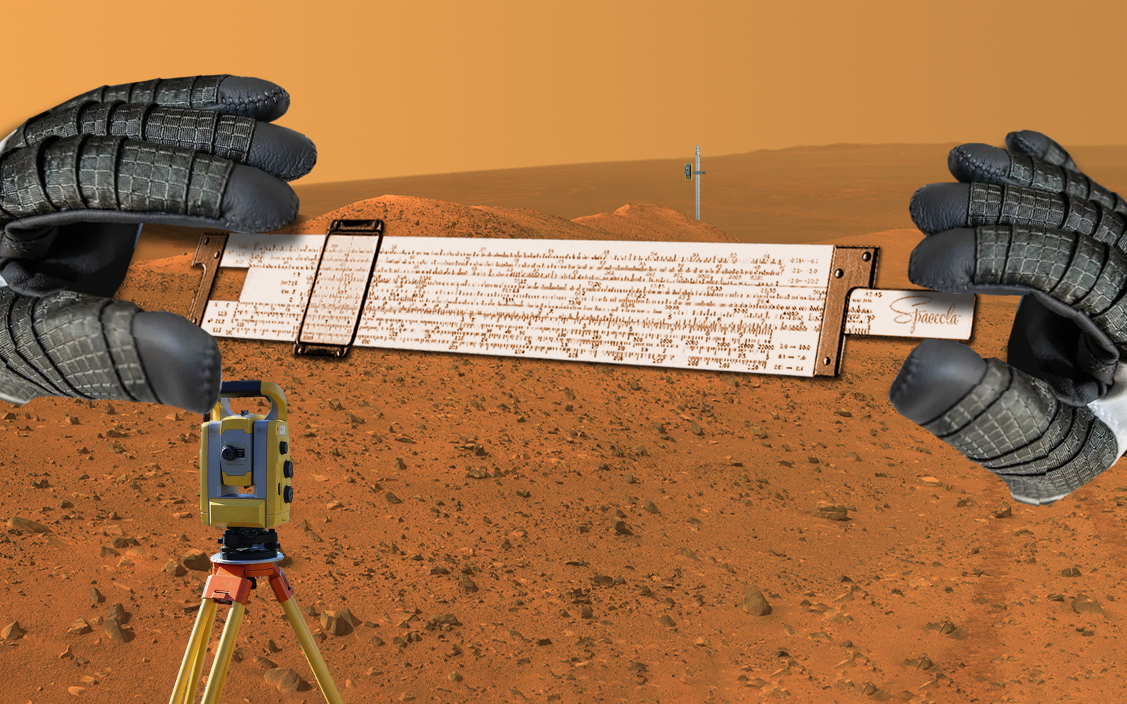 Spaceola surveyor checks a slide rule against readings on their handheld electronics