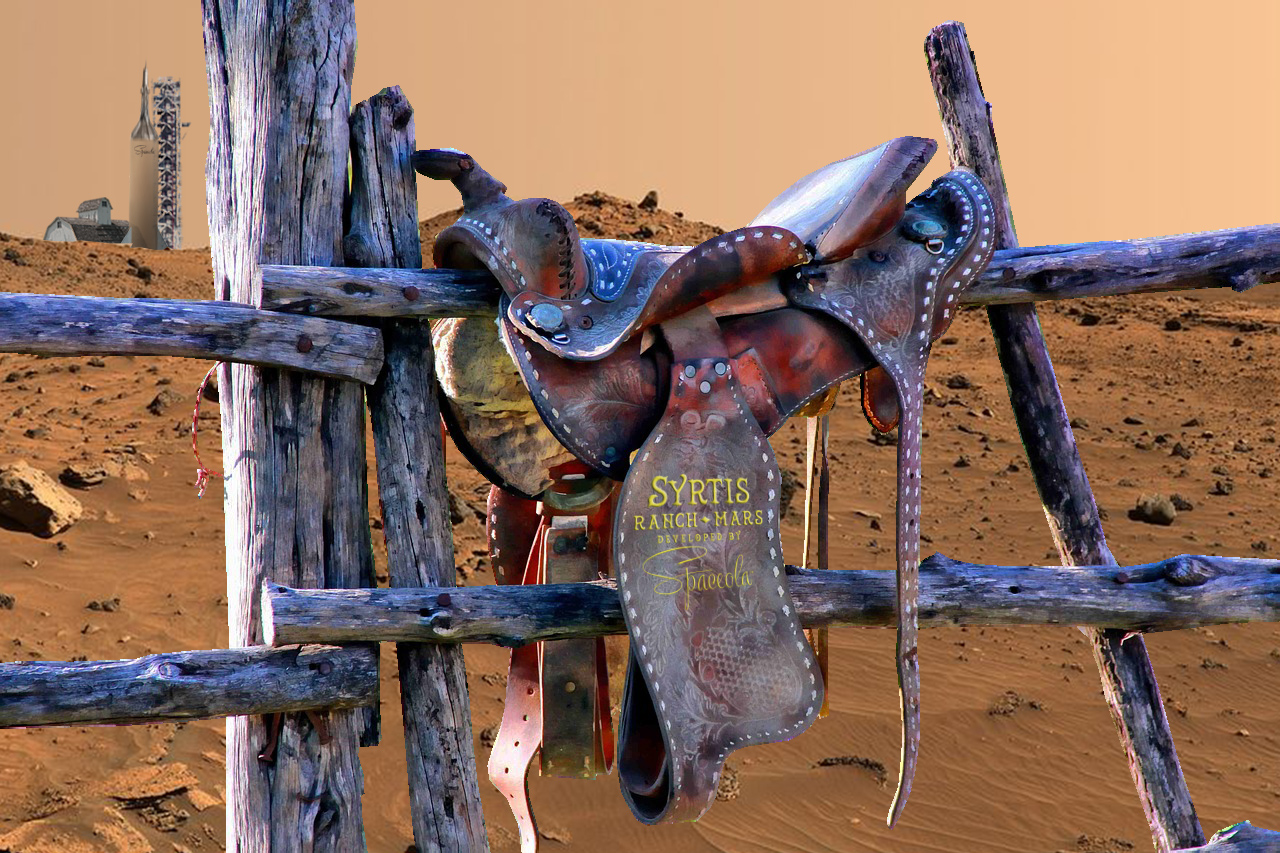 Ranch saddle on fencing at Syrtis Ranch